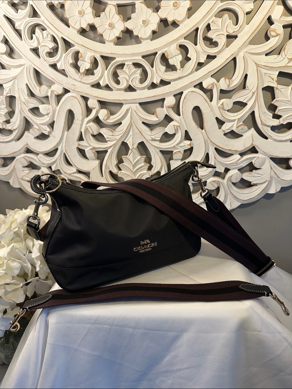 Coach Black Nylon Shoulder Bag with Brown and Black Striped Strap